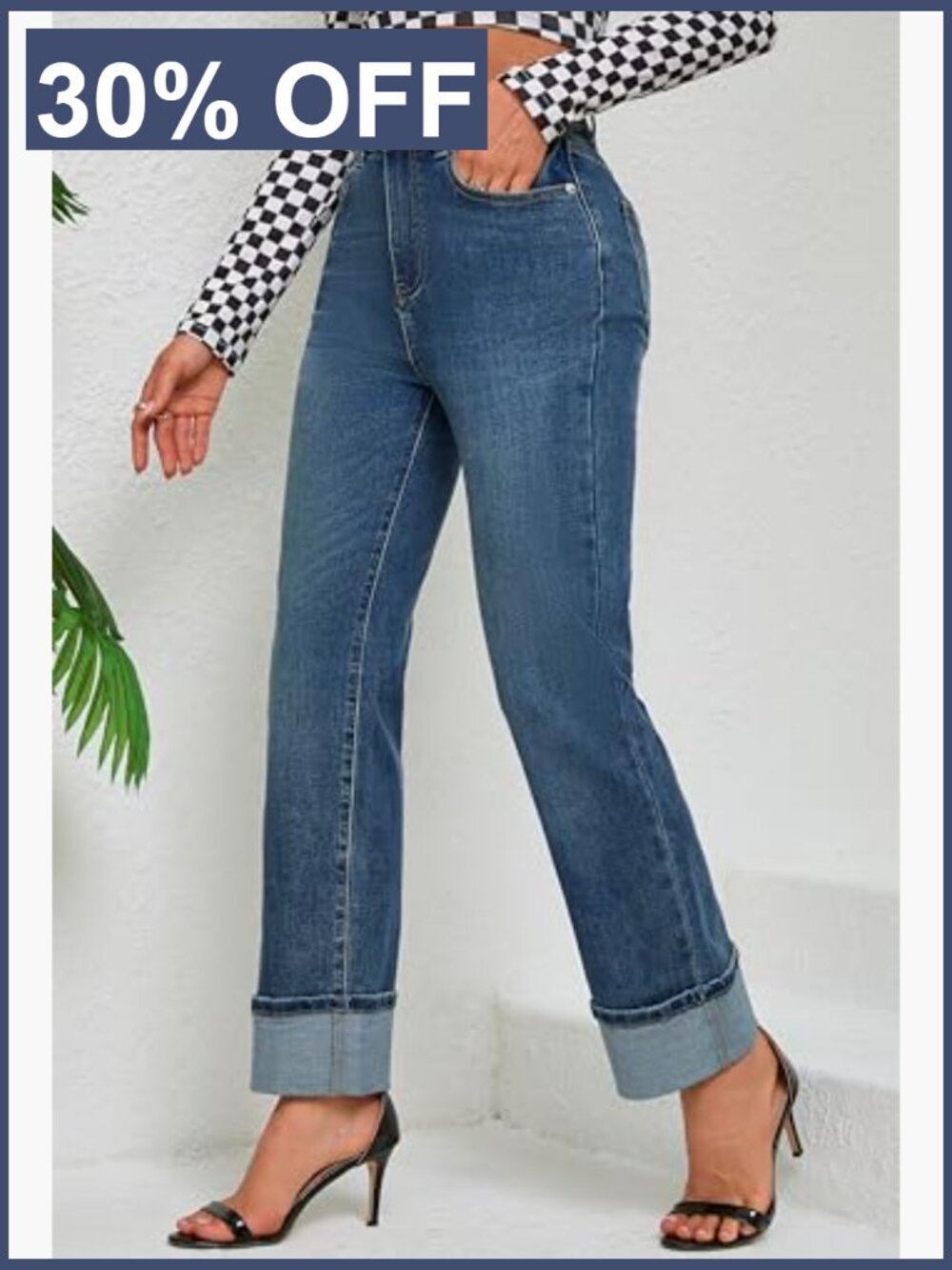 High Waisted Straight Leg Jeans Tummy Control Stretchy Ankle Fold Hem - Picture 3 of 6